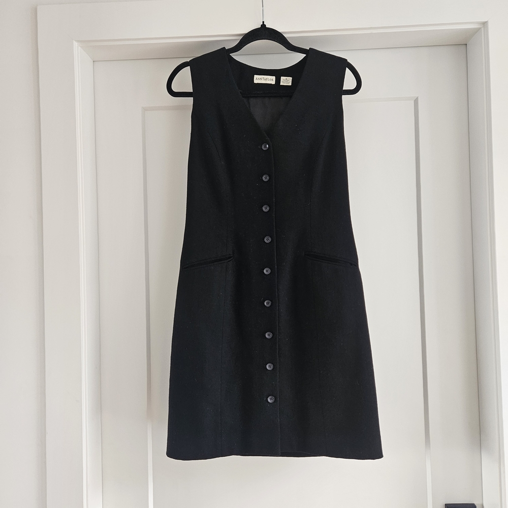 Vintage Ann Taylor 100% Wool Black Button-Front Vest Sleeveless Dress - 4